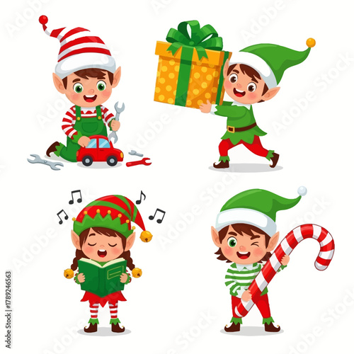 Cute Christmas Elves with Gifts and Candy Canes