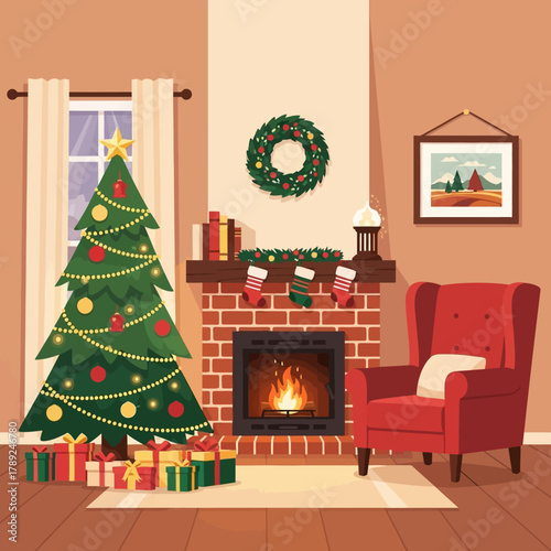 Cozy Christmas Living Room with Fireplace and Decorated Tree