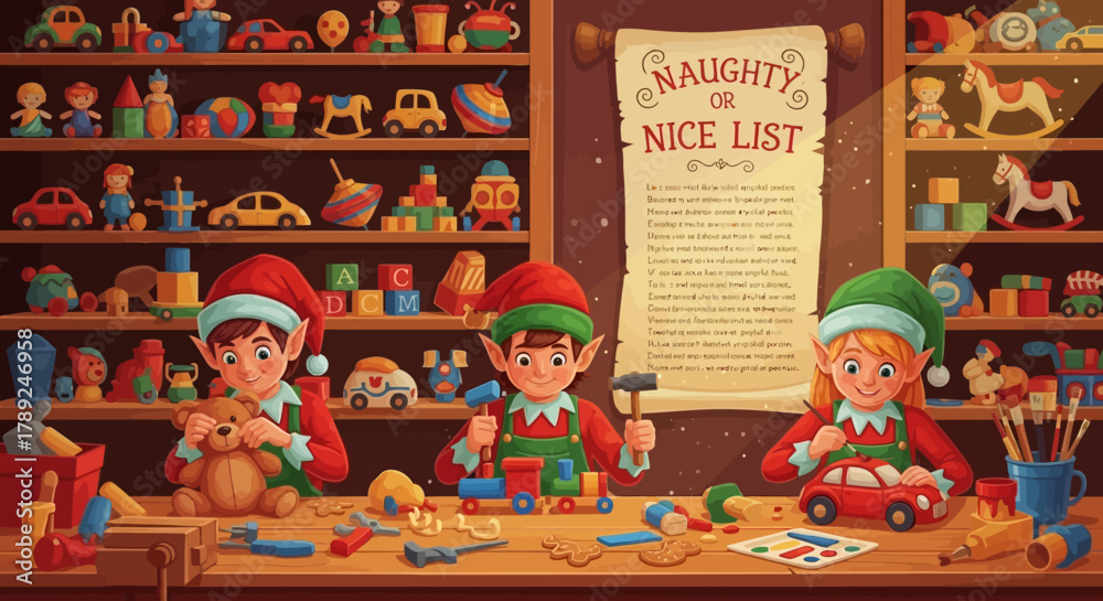 Naklejka premium Holiday Elves Hard at Work Crafting Toys for the Naughty or Nice List