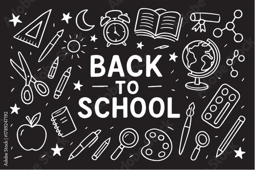 Simple black and white vector background pattern filled with back to school icons such as books, pencils, rulers, and backpacks, creating a fun and educational design theme.