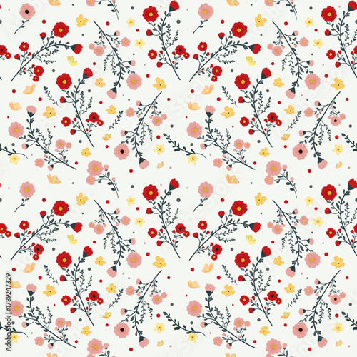 Tiny Red and Yellow Ditsy Floral Seamless Pattern