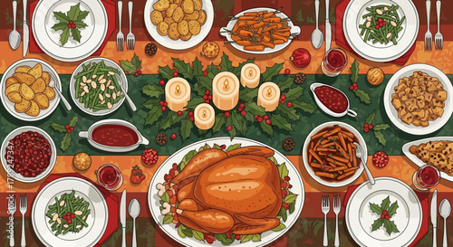 Festive Christmas Dinner Table Setting with Roasted Turkey and Side Dishes