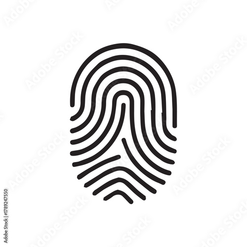 Simple monochrome vector showing a fingerprint being scanned by digital lines, representing biometric identity, technology driven protection, and the futuristic idea of secure digital systems.