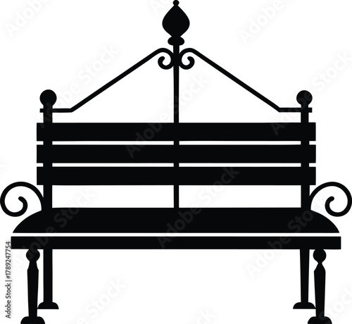 Classic ornate park bench silhouette vector, outdoor furniture element