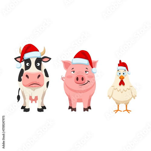 Christmas farm animals wearing Santa hats