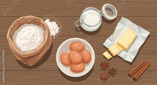 Baking Ingredients Arranged on a Wooden Surface