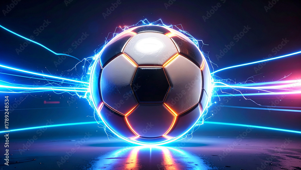 Fototapeta premium Illuminated Soccer Ball: A dynamic perspective of a soccer ball illuminated with vibrant neon lights and energy streaks, it encapsulates the fervor and excitement.
