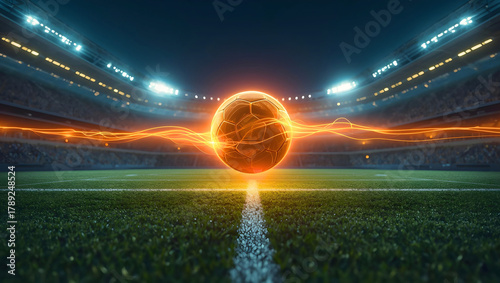 A glowing soccer ball on a green field is like an exciting game.