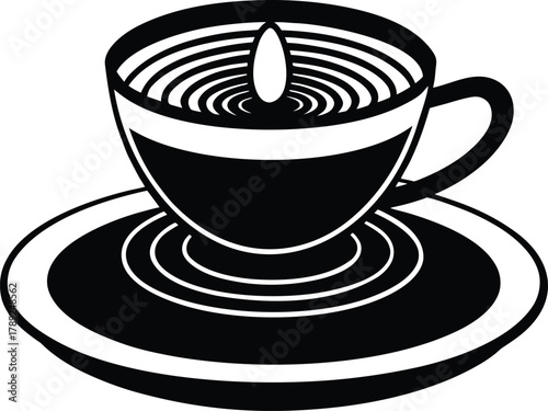 Coffee cup on saucer with ripple effect silhouette flat vector icon