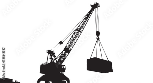 A silhouette of a harbor crane lifting a container, illustrating shipping, logistics, and international trade against a white background.