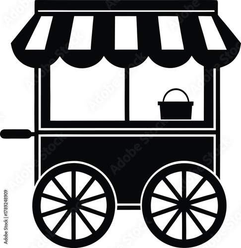 Street vendor food cart with canopy and basket silhouette icon on transparent