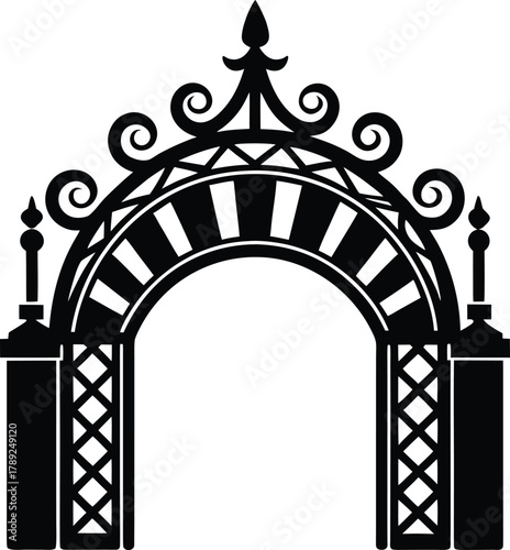 Decorative ornate wrought iron arch vector silhouette isolated on grid background