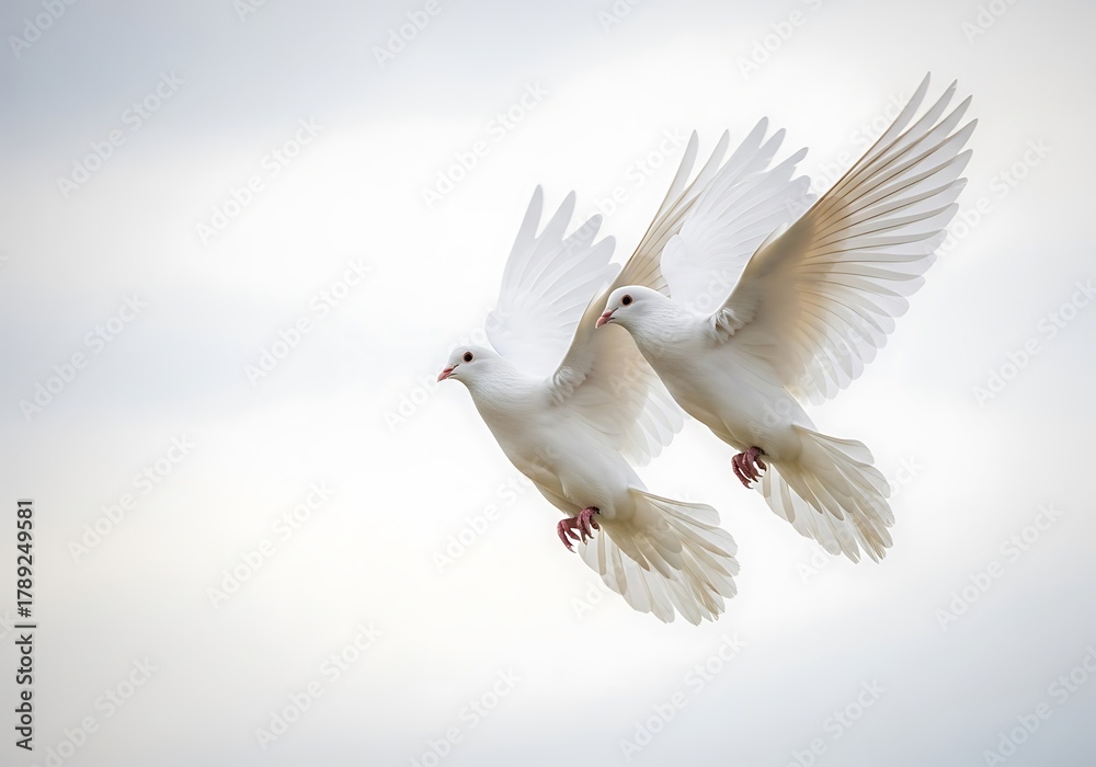 Fototapeta premium Two elegant white doves gracefully soaring through a soft ethereal sky symbolizing peace and freedom