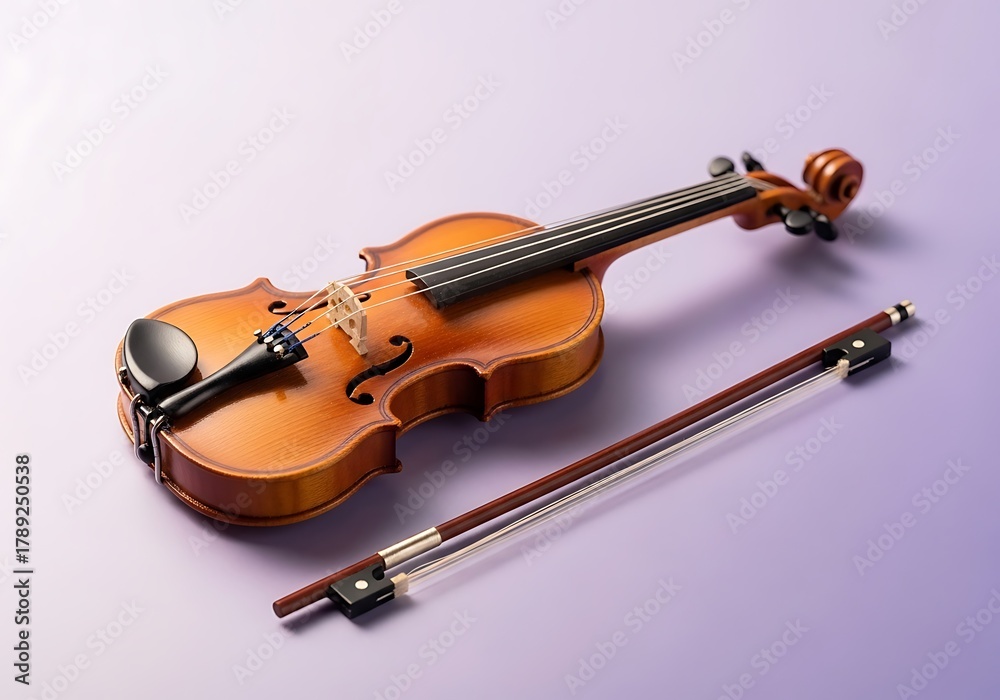 Fototapeta premium A classic wooden violin and its bow are artfully arranged on a soft lavender background showcasing their elegant design