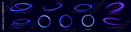 Neon swirl. Curve blue line light effect. Abstract ring background with glowing swirling background. Energy flow tunnel. Blue portal, platform. Magic circle vector.