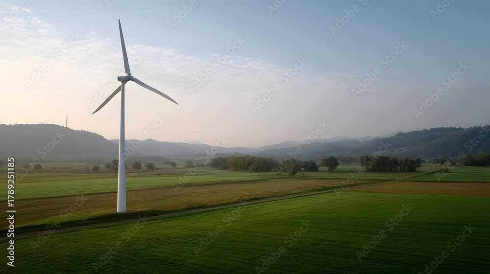 Fototapeta premium A lone white wind turbine stands tall in a lush green and brown agricultural field at sunrise with rolling hills in the background