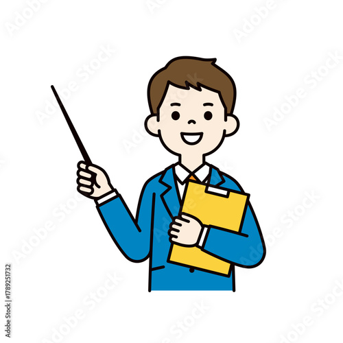 資料を片手に、ポインターを持って説明する若いビジネスマンの上半身ベクターイラスト素材＿カラー