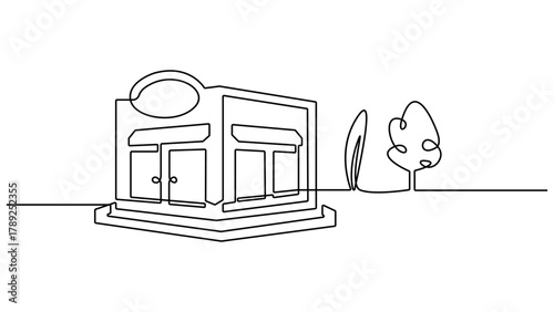Store building outline drawing illustration. one continuous line drawing of shop or store building. Minimalist Line Art Shop Illustration