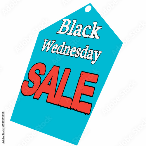 Black wednesday sale tag with blue background and red sale text in the image