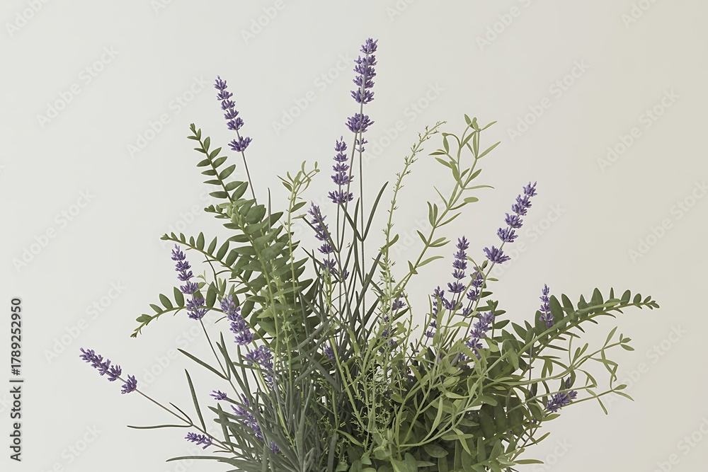 Naklejka premium A close-up of a bouquet of green foliage and purple lavender flowers against a plain background image