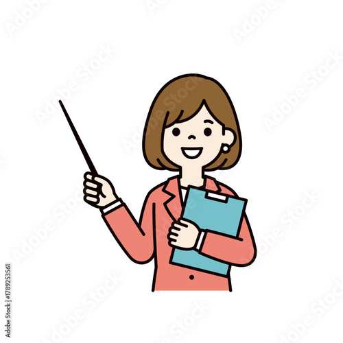 ファイルを片手に、ポインターを持って説明する若い女性の上半身ベクターイラスト素材＿カラー