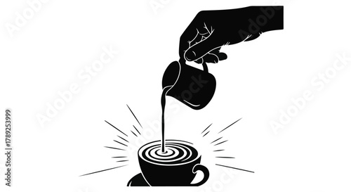 Barista's hand artfully pours milk into a steaming coffee cup, creating a beautiful swirl.