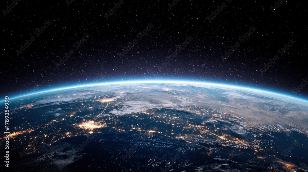 Obraz premium The Earth's horizon with a blue glow and distant stars, viewed from space.