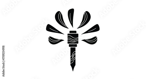 Stylized black torch with flame elements against a white background.
