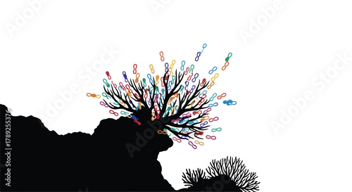 Diverse community blossoming on abstract tree against a dark cliff