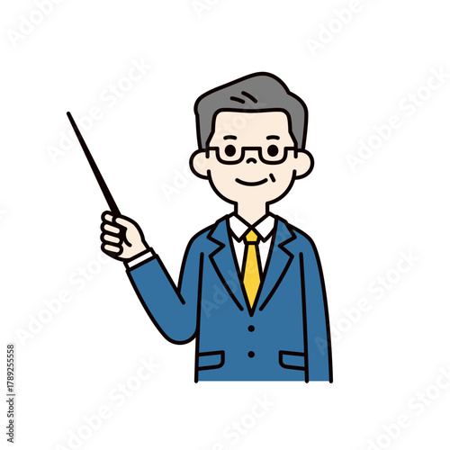 指示棒を持って笑顔で説明する中高年のビジネスマンの上半身ベクターイラスト素材＿カラー