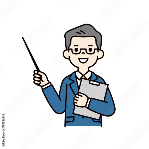 ポインターを持って説明するスーツを着た中年男性の上半身ベクターイラスト素材＿カラー