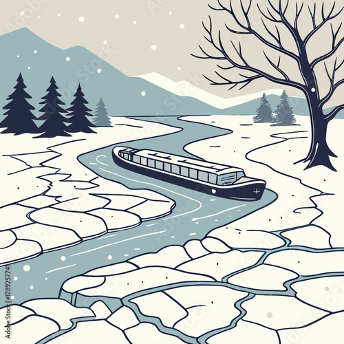 A barge floating on a frozen river surrounded by snowcovered landscape, creating a winter wonderland scene