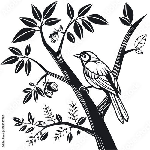 A charming bird perched on a branch amidst lush leaves and ripe strawberries