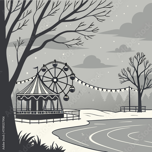 A grayscale winter scene with a carnival, ferris wheel, and snowy landscape