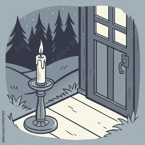 A lit candle on a stand sits on a porch, illuminating a door and the dark forest beyond