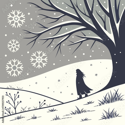A lone figure walking in a snowy winter landscape with a large tree