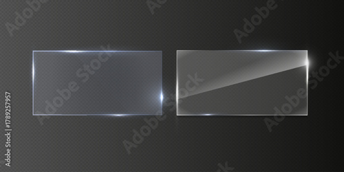 Flat glass plate, transparent banners, realistic screen glass, window mockup, clear glass showcase, glossy plastic glare frame, acrylic with glares and light, clear rectangular plate