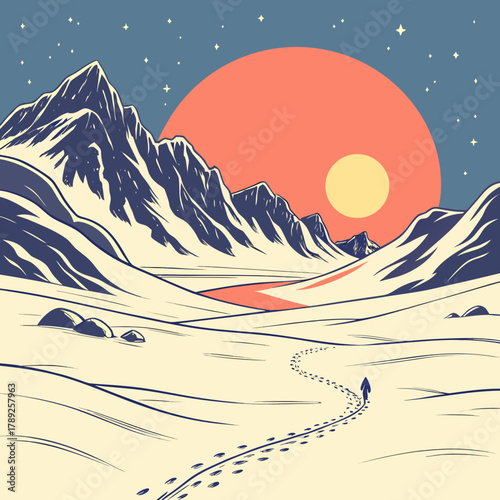 A lone figure trekking through a snowy mountain landscape under a large sun and starry sky