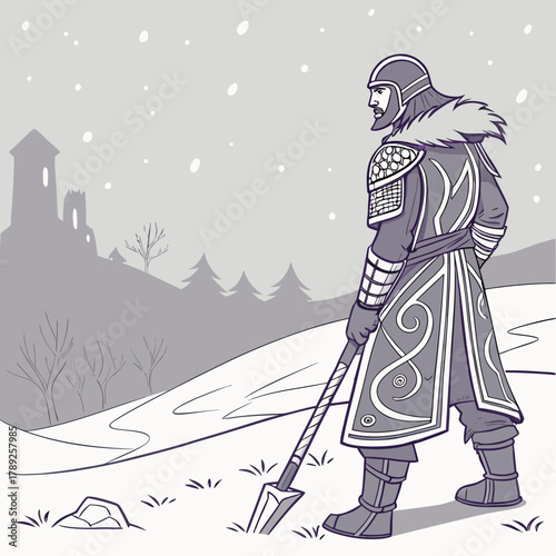 A lone medieval knight stands guard in a snowy landscape with a castle in the distance, spear in hand