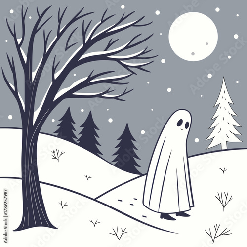 A lonely ghost wanders through a snowy winter landscape under a full moon