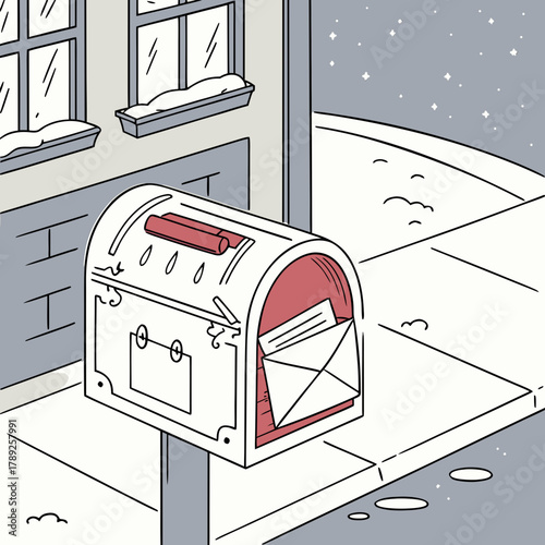 A mailbox with a letter in front of a building during winter