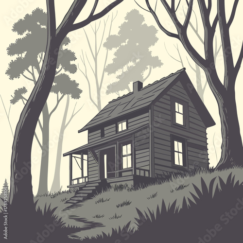 A secluded wooden cabin nestled among trees in a forest clearing, surrounded by natures tranquility