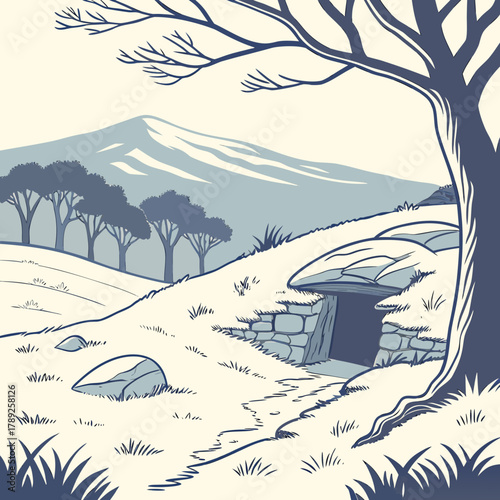 A serene landscape featuring a stone structure, a mountain, and a tree in a tranquil setting