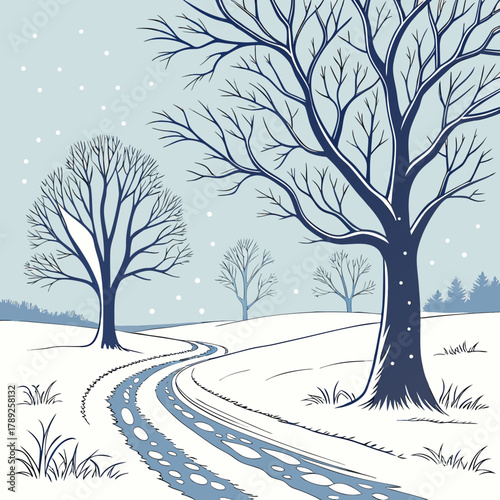 A snowy road winds through a winter landscape with bare trees and gentle snowfall