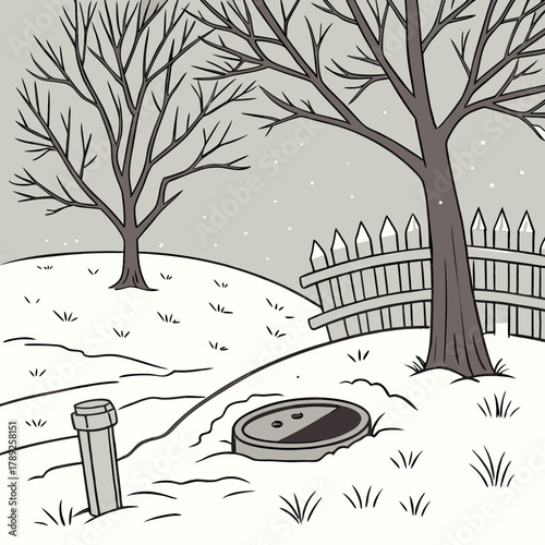 A snowy winter landscape with bare trees, a broken fence, and a manhole cover in the ground