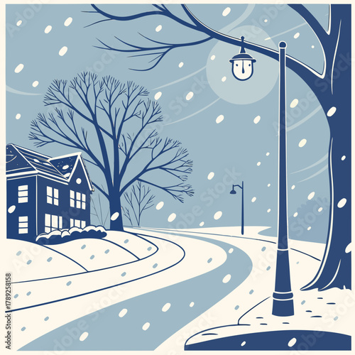 A snowy street scene with a house, trees, and a lamppost on a winter day with falling snow
