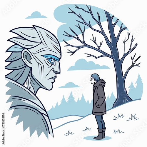 A white walker faces a human in a snowy landscape, creating a stark contrast between ice and humanity