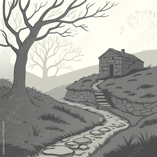 A stone path leads to a small stone house on a hill, with a bare tree in the foreground