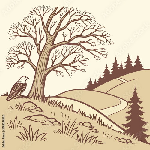 An eagle stands near a bare tree in a scenic landscape with hills and evergreen trees in the distance