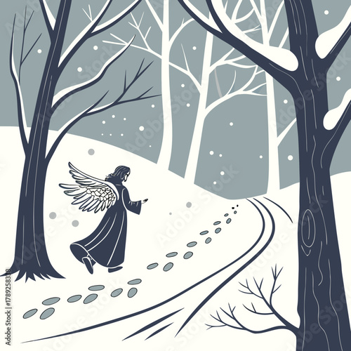 An angel walking in a snowy forest leaving footprints, creating a serene and ethereal winter scene